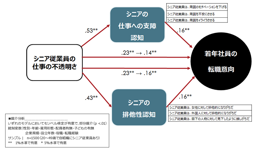 シニア従業員の仕事の不透明さと若年社員の転職意向の関係