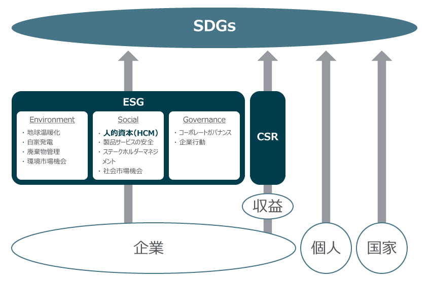 図表２．SDGs／ESG／CSR／HCMの位置づけ